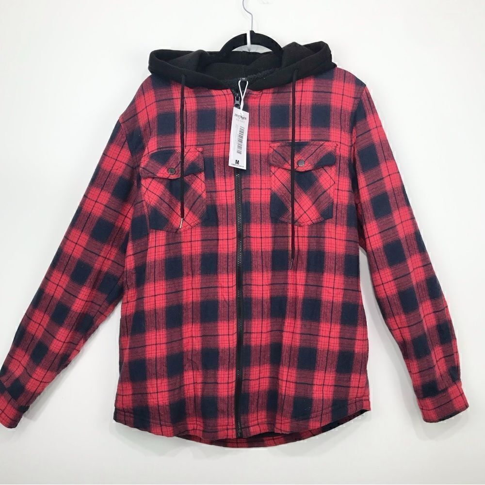 Zenthace Red Plaid Sherpa Fleece Lined Hooded Zip Up Jacket NEW - Picture 3 of 15